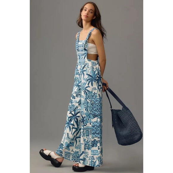 Farm Rio Anthropologie Denim Overalls Women Blue Floral Vacay Retro Boho Large - Picture 5 of 16